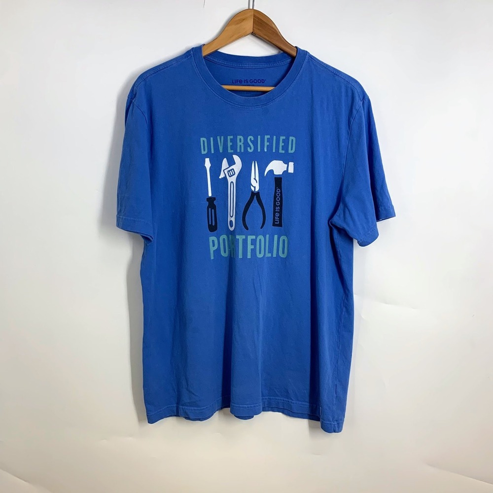 Life is Good Mens Blue Diversified Portfolio Tool Graphic Crusher Tee Large